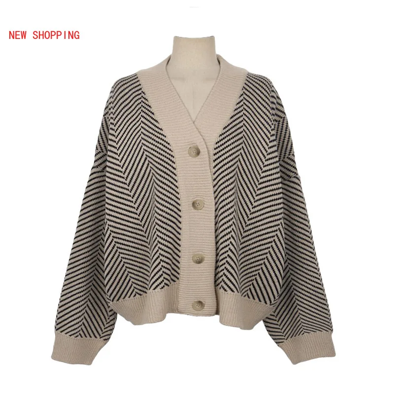 

Autumn Winter Loose Striped Female New Korean Vintage V-neck Loose Long-sleeved Knitted Cardigan Jacket Women 2021 Oversized