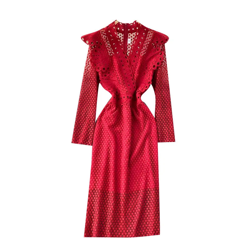 

Heart Hollow Lace Dress Goddess Fan Temperament V-neck Design Feeling Ruffled Slim Long Dress