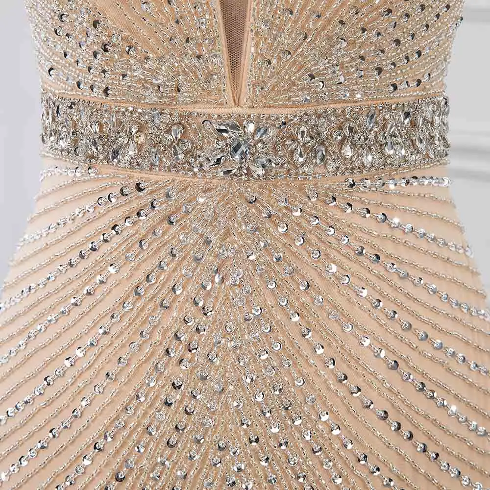 YQLNNECouture длинное вечернее платье телесного цвета с кристаллами фатиновое русалки