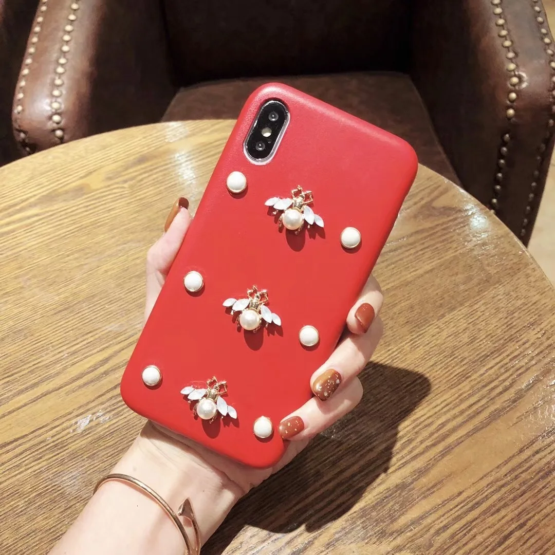 Роскошный кожаный мягкий чехол для телефона для iphone 7 чехол 3D мода алмаз пчела жемчуг Классический чехол для iphone 6 6s 7 8 plus X XR XS Max