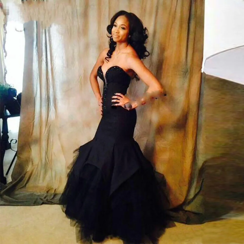 Женское кружевное платье-русалка черное Тюлевое длинное вечернее платье со