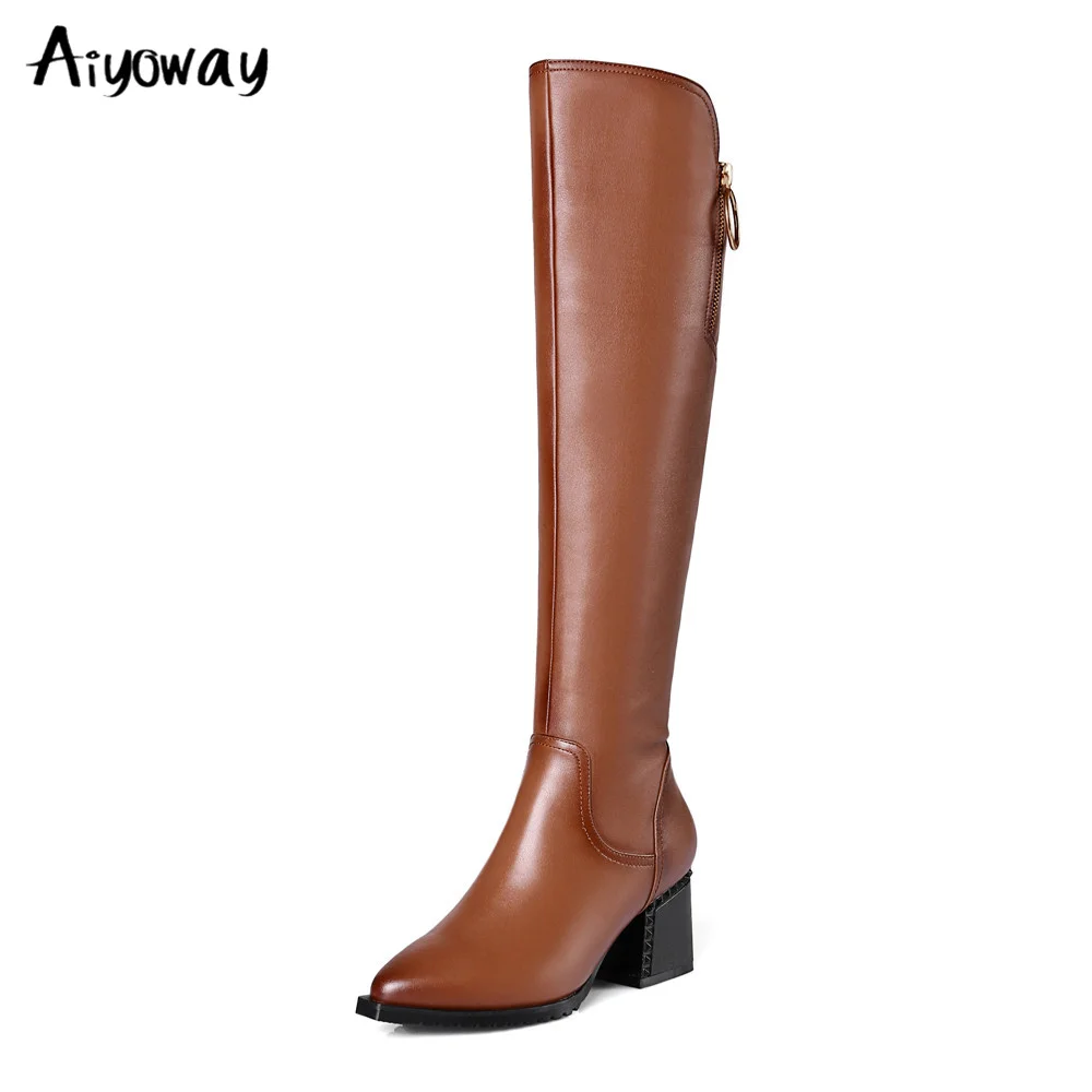 Женские сапоги до колена из натуральной кожи с острым носком на толстом