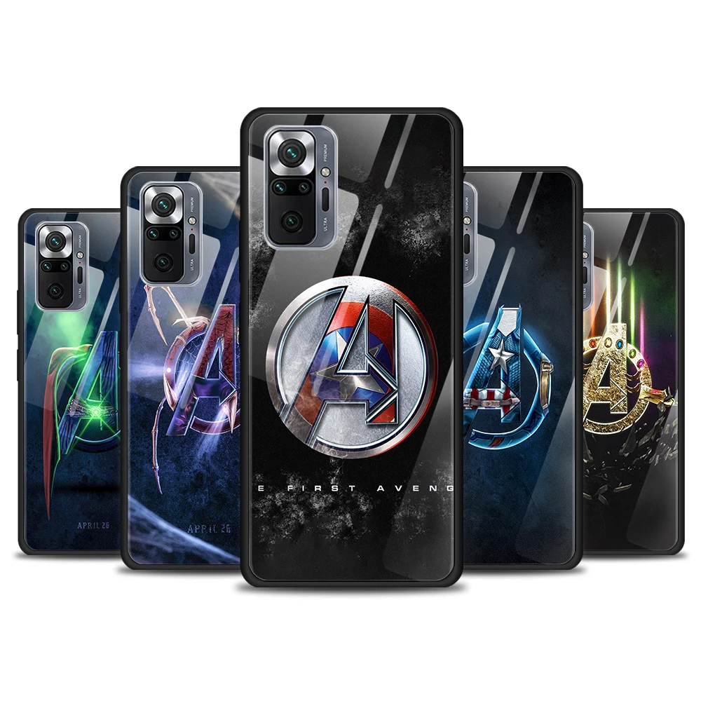 

Marvel Avengers logo for Xiaomi Redmi Note 10 Pro Max 10S 9T 9S 9 8T 8 7 Pro 5G Luxury Tempered Glass Phone Case Cover