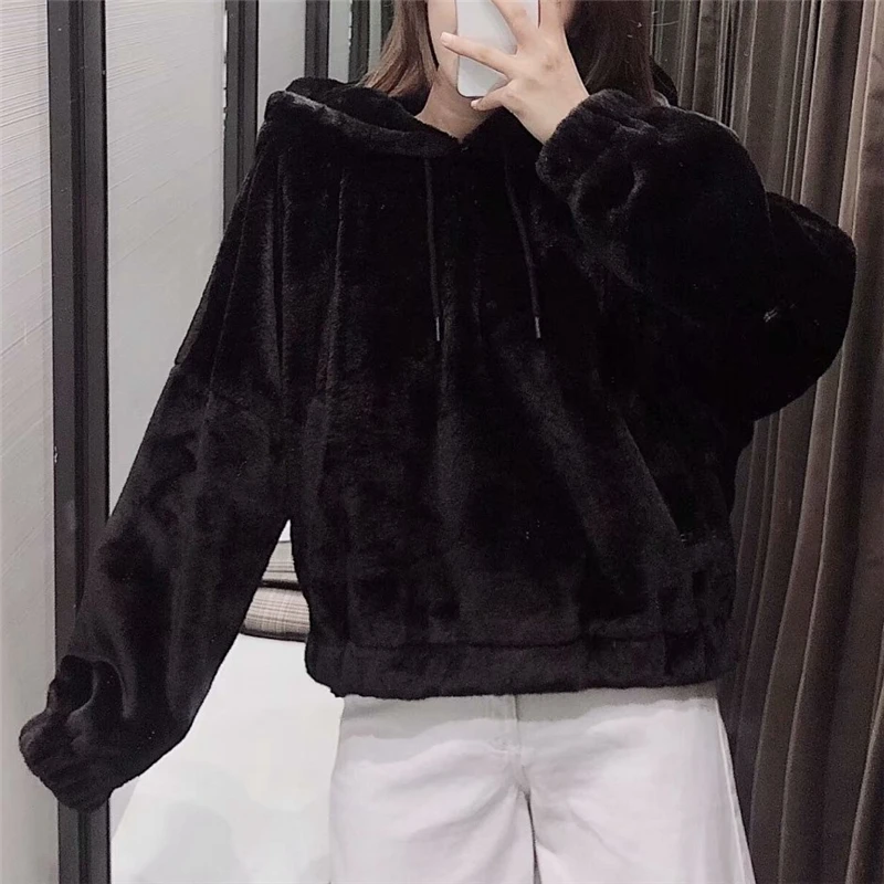 

Causal Women Solid Faux Fur Hoodies 2020 Winter Fashion Ladies Hooded Loose Tops Streetwear Chic Female Soft Warm Thick Hoodies
