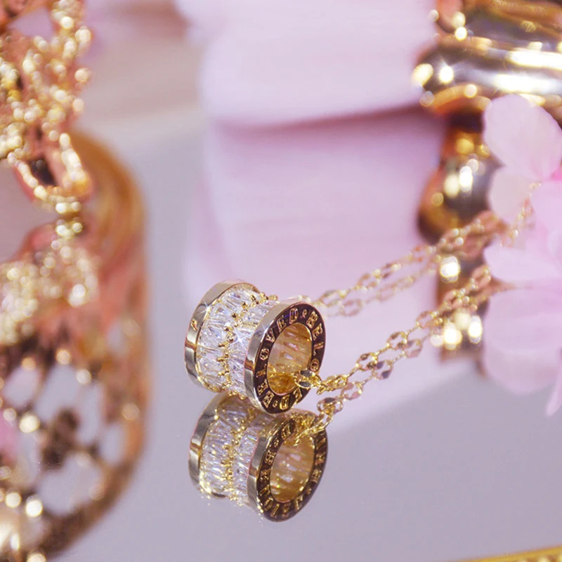 

Korean Exquisite 14k Gold Jewelry Real Gold Roman Numerals Chain Necklace for Women Pendant Brilliant AAA Zirconia Party Gift