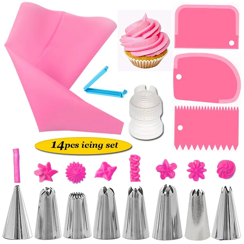 

14 Pcs/Set Reusable Icing Piping Nozzles Set Pastry Bag Scraper Flower Cream Tips Converter Baking Cup DIY Cake Decorating Tools