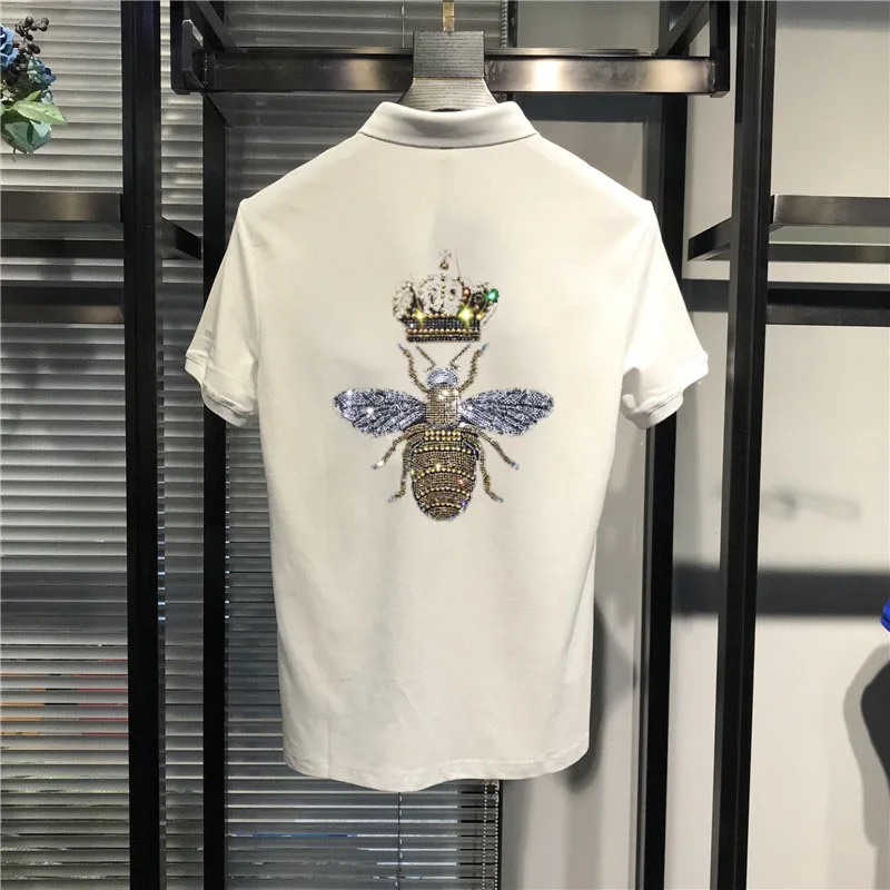 Рубашка-поло мужская с короткими рукавами хлопок однотонная дышащая со стразами