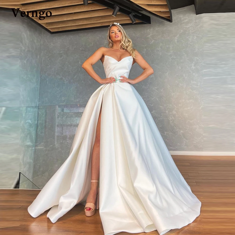 

Verngo 2022 Simple Satin A Line Wedding Dresses Sweetheart High Side Slit Long Formal Dress Dubai Women Rode de soiree Mariage