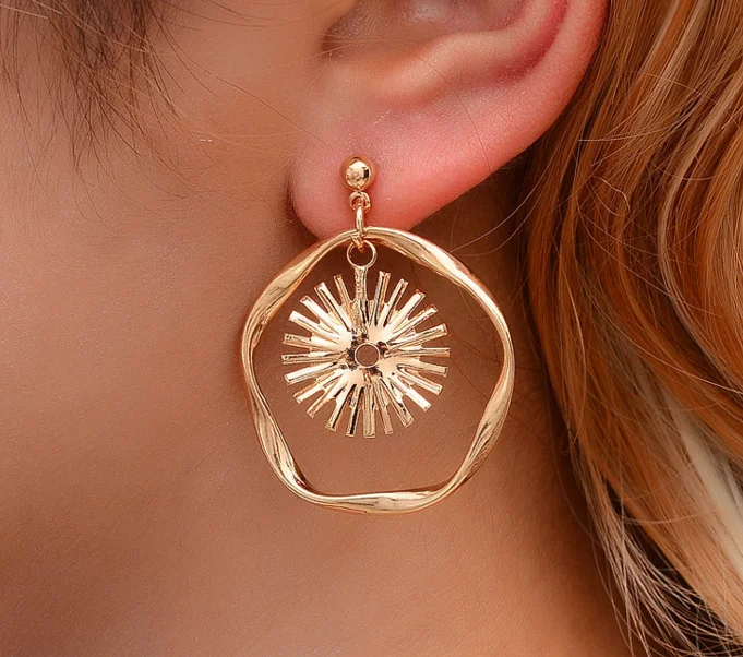 Женские Висячие серьги солнце висячие золотистого цвета с геометрической петлей