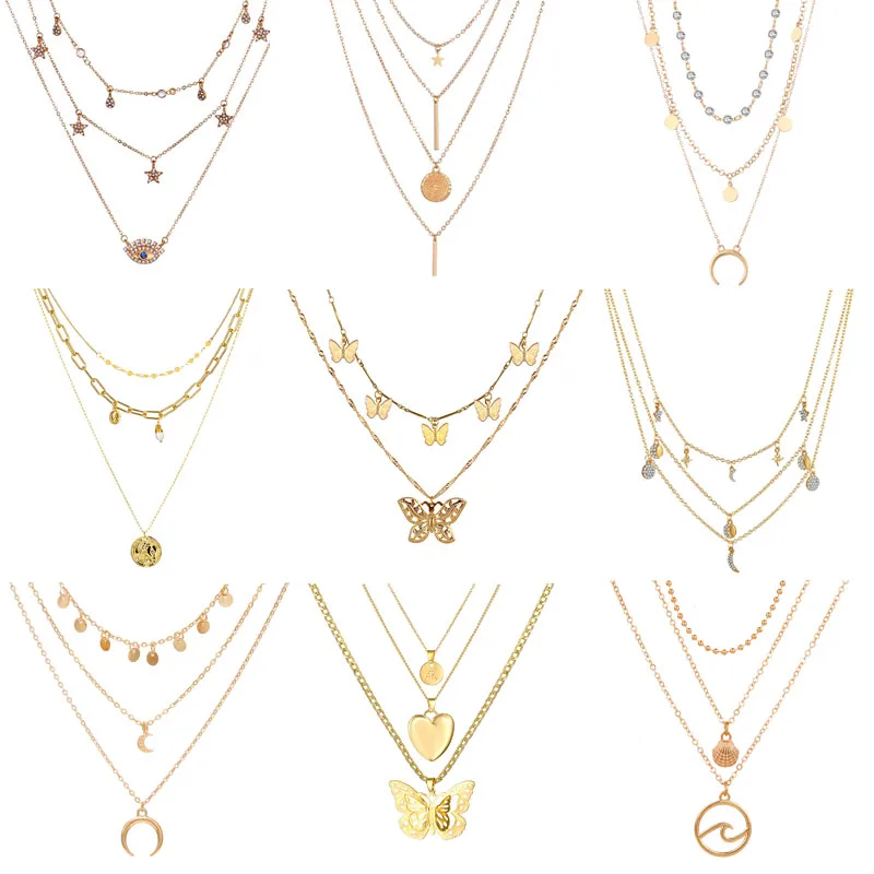 Женское ожерелье с подвеской в виде бабочки FNIO Золотое многослойное колье звезды