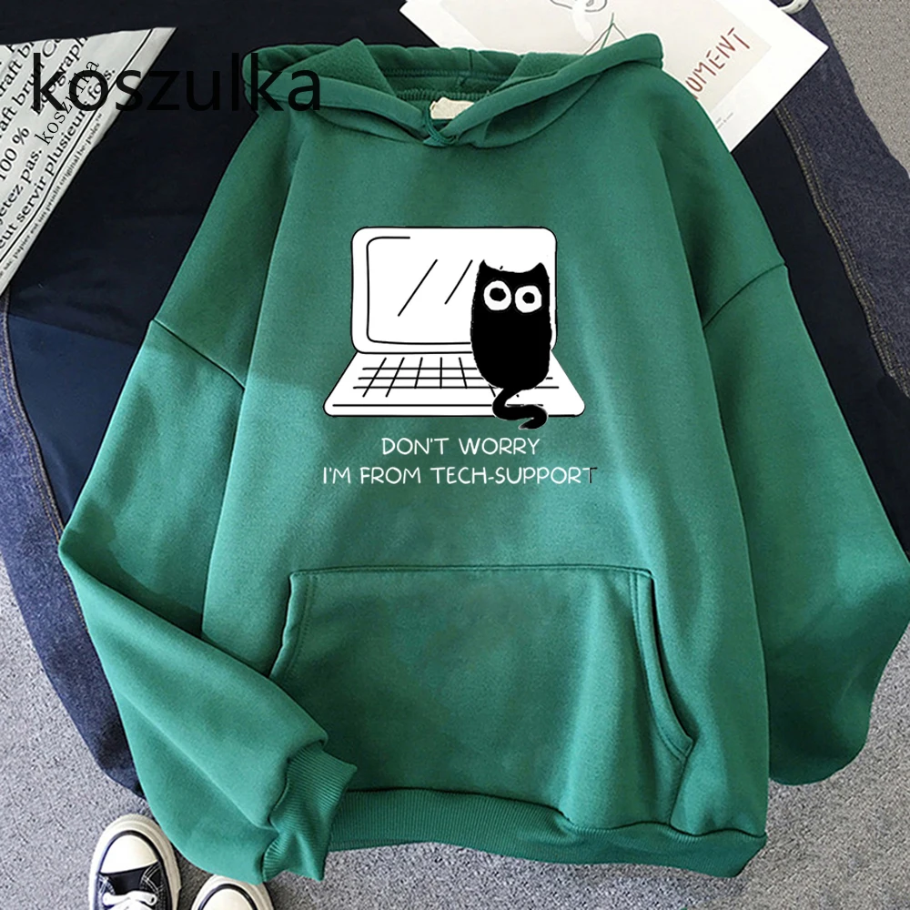 

Женские толстовки с рисунком черного кота и компьютера, свитшоты, женские свободные удобные флисовые топы, Забавный теплый пуловер