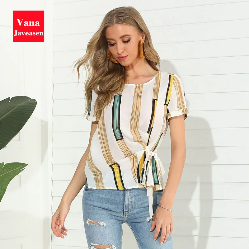 

Casual O-neck Pullover Women Blouse Summer Stripe lacing Up Short Sleeve Blouse Tops Women Street Wear Slim Top roupas feminina