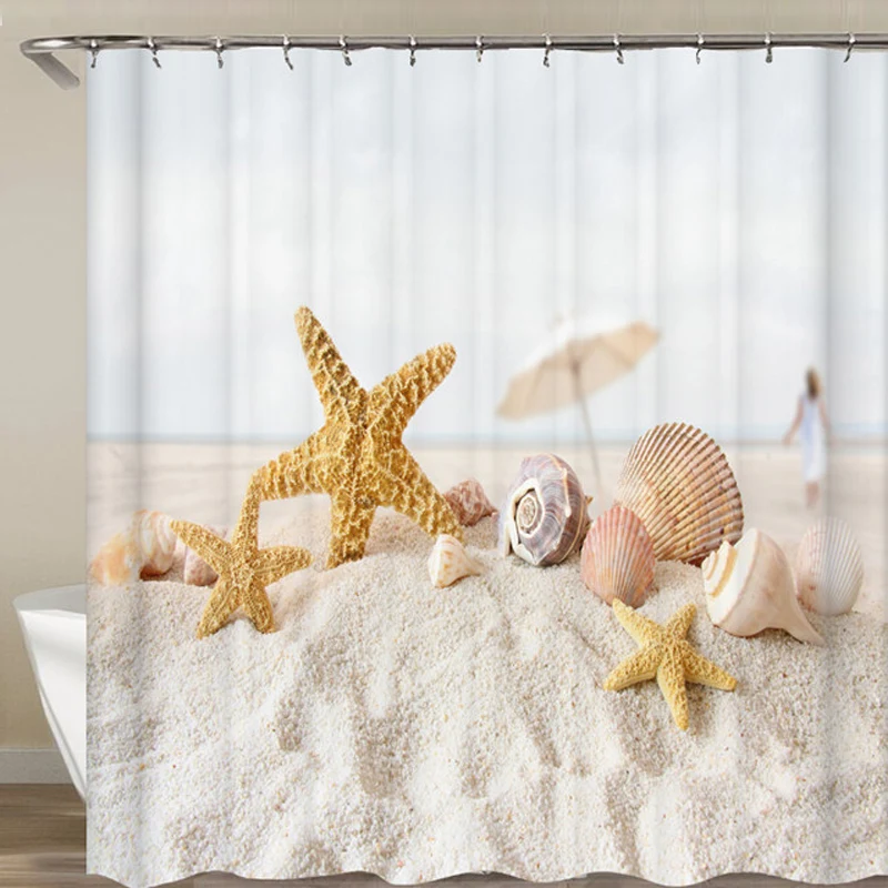 

Bath Curtain Sea Beach Shell Starfish Shower Curtains 180*180cm Waterproof Bathroom Home Washable Fabric Bath Screen 12 Hooks