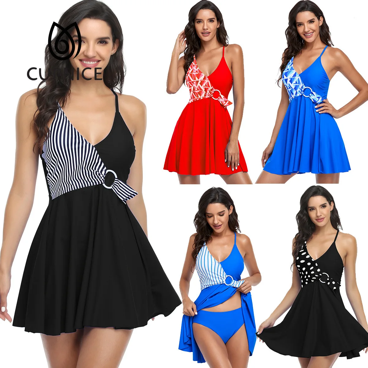 

CUPNICE Floral V Neck Elegant Wireless Bra Natural Swim Bottom Swimdress Ladies Bikini Plus Size Tankini Swimsuit for Women