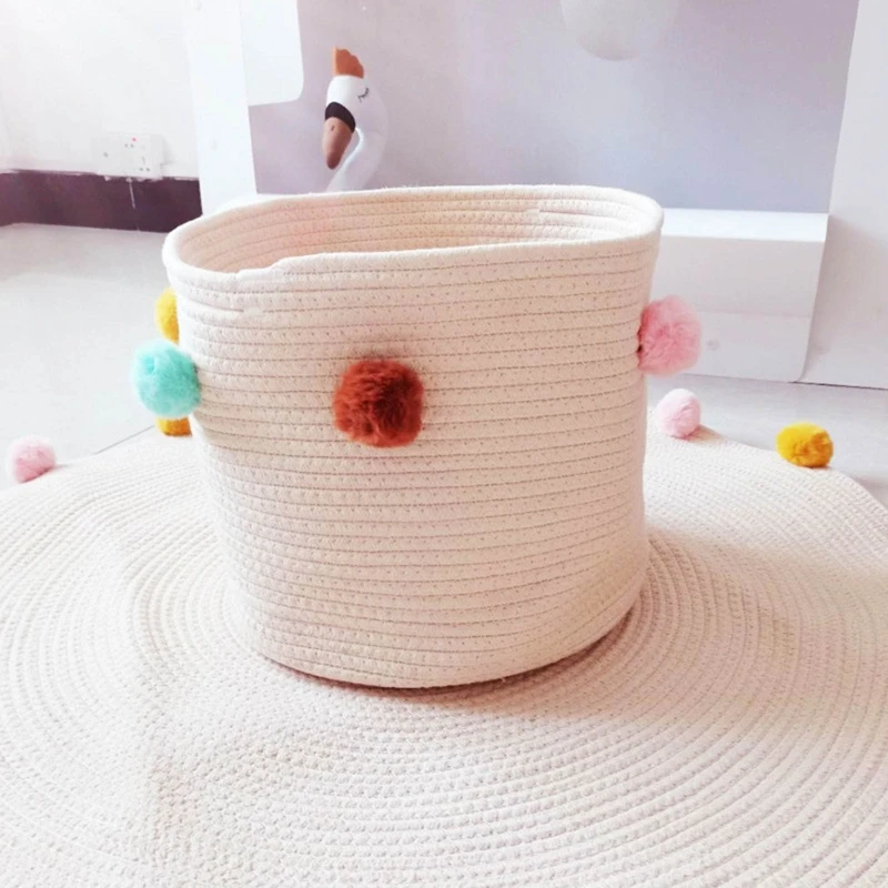 

Laundry Dirty Clothes Sundries Organizer Box Nordic Home Decor Cotton Rope Woven Kids Toys Storage Basket with Wool Ball