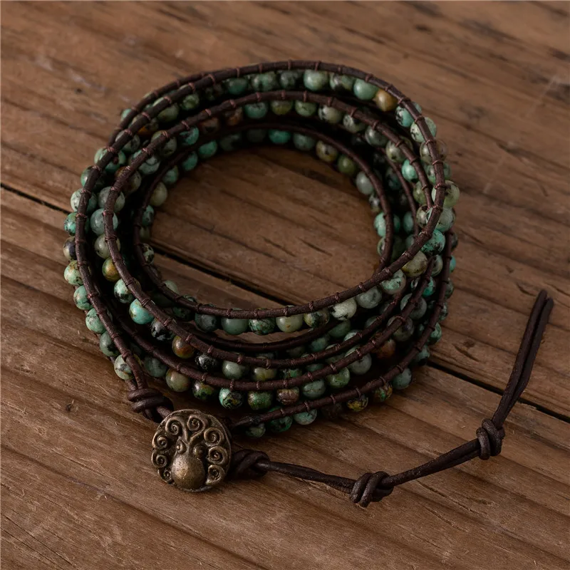 

Handmade African Turquoises 5 Rows Wrap Bracelet Boho Natural Stone Leather Bracelet Girl Yoga Jewelry Friend Gift Dropshipping