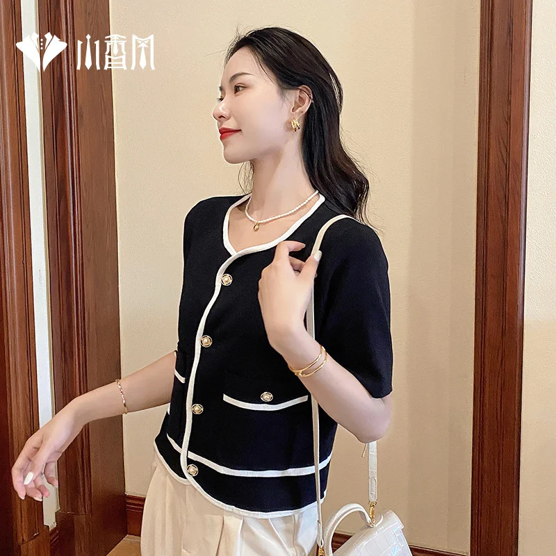 

Xiaoxiangfeng knitwear new French celebrity round ne cardigan in summer 2021 short sleeve thin style, thin temperament