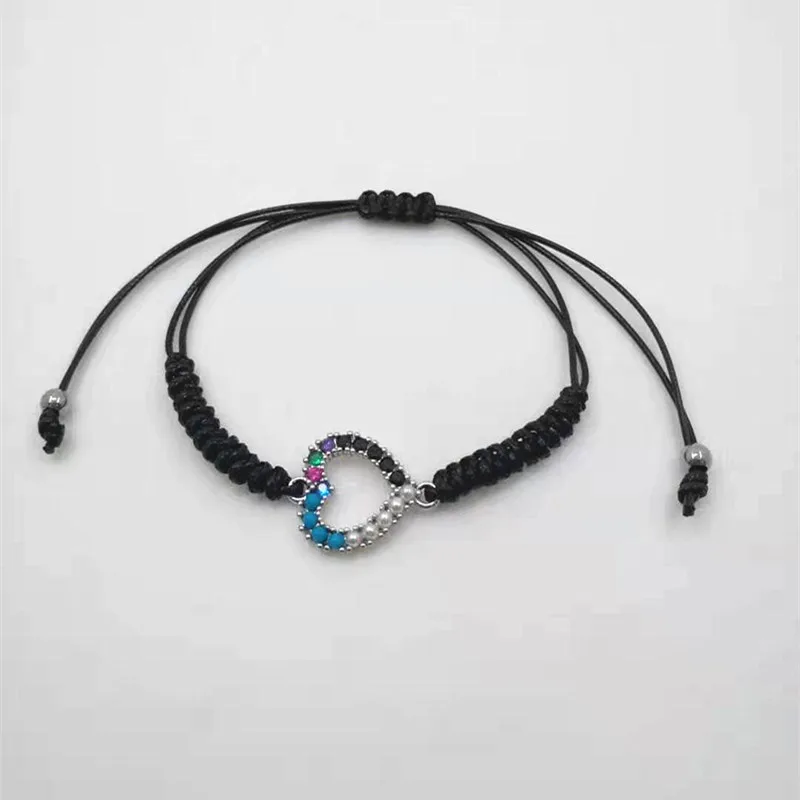 

Fashion Women Girls Color Rose Gold Stainless Steel Copper Hollow Heart Color Stone Charm Weave Rope Bracelet Pulseras Jewelry