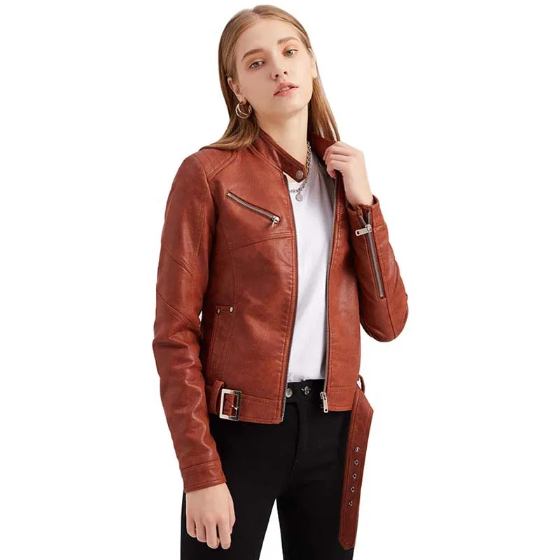 

Pu Faux Leather Jacket Women Loose Sashes Casual Biker Jackets Outwear Female Top Autumn Zipper Pocket Black Leather Jacket Coat