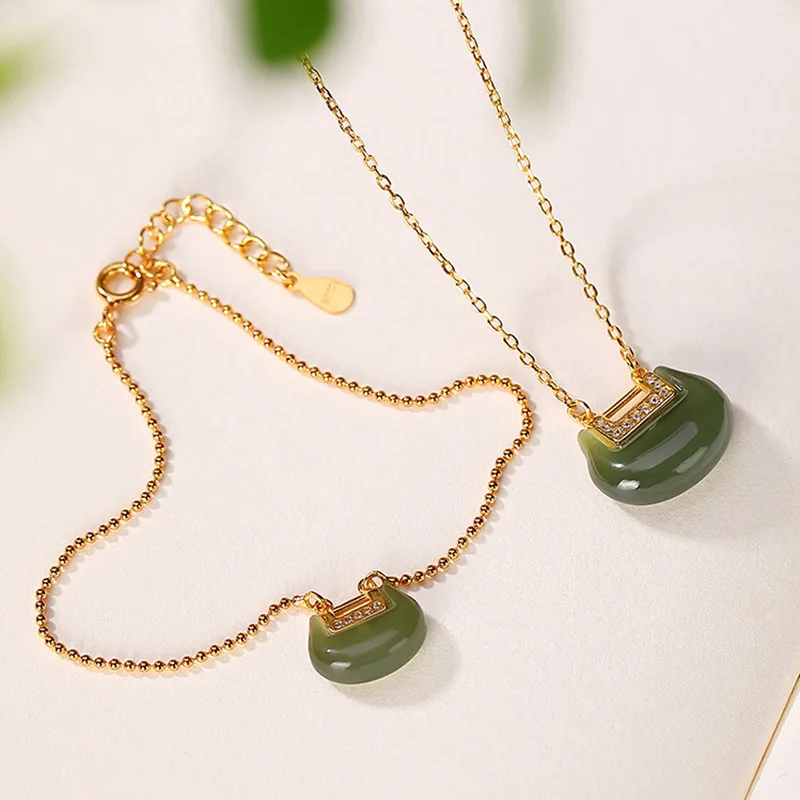 

Silver 925 jewelry necklace for women gold plated natural Hetian gray jade lock of good wishes set chain vintage bracelet femme