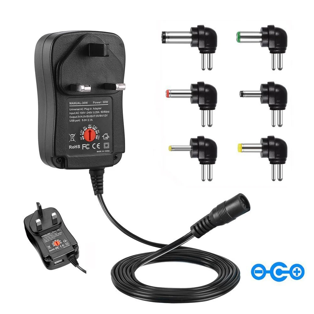 

30W Universal Adjustable AC/DC Adapter Switching Power Supply with 6 Adapter Tips for 3V to 12V Household Electronics