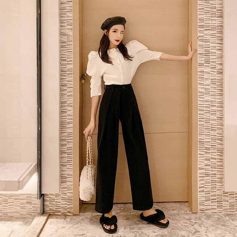 

casual pants of tall waist woolen cloth straight wide-legged pants offers! Qiu dong han edition joker show thin loose