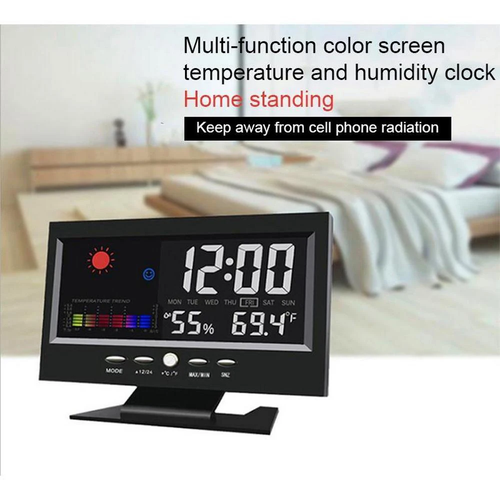 

LED Digital Projection Alarm Clock Loud Snooze Calendar Weather Color Display Humiture Calendar Voice-Controlled Weather Clock