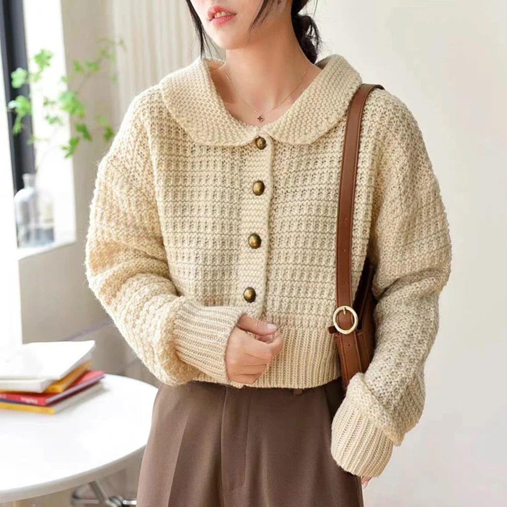 

Women's Autumn New Sweater Casual Simple Commuting Style Doll Collar Solid Color Long-sleeved Single-breasted Knitted Warm Top
