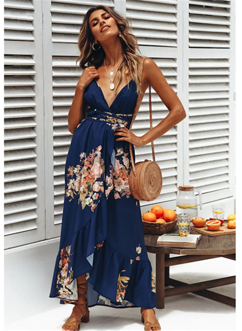 

Женское богемное платье без рукавов, Повседневный Сарафан средней длины с цветочным принтом и V-образным вырезом, лето 2021