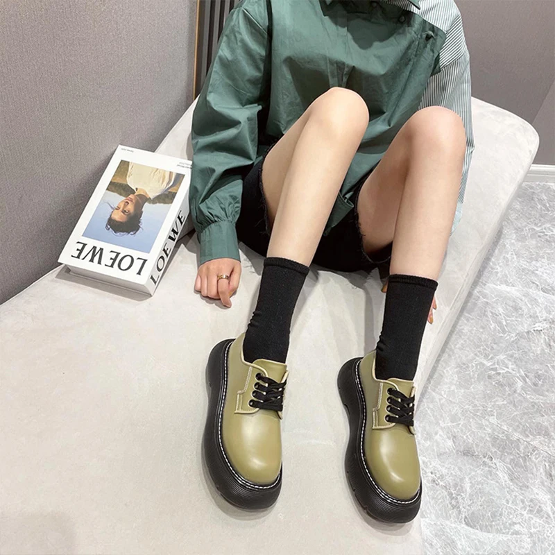 Shoes Women Genuine British cow women's shoes 2021 Leather  Round Toe Cross-Tied Thick Sole Ladies Shoes Slip On Flat Shoes