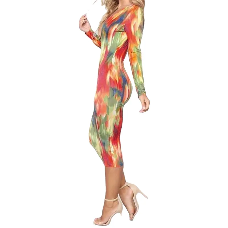 Сексуальное женское платье средней длины с длинным рукавом и V-образным вырезом |