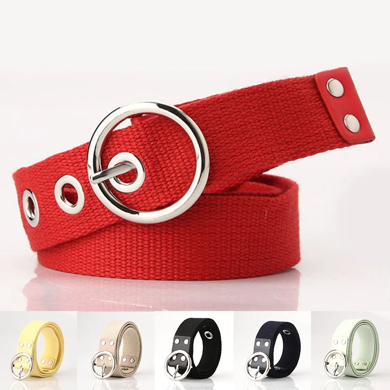 

Punk Style Canvas Belt Square Round Pin Buckle Women Belt Single Grommet Hole Rivet Eyelets Jeans Dress Waistband Waist Strap