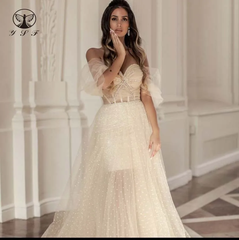 

2021 Fashion Ivory Off the Shoulder Sweetheart Short Sleeve Beaded A Line Long Prom Dresses