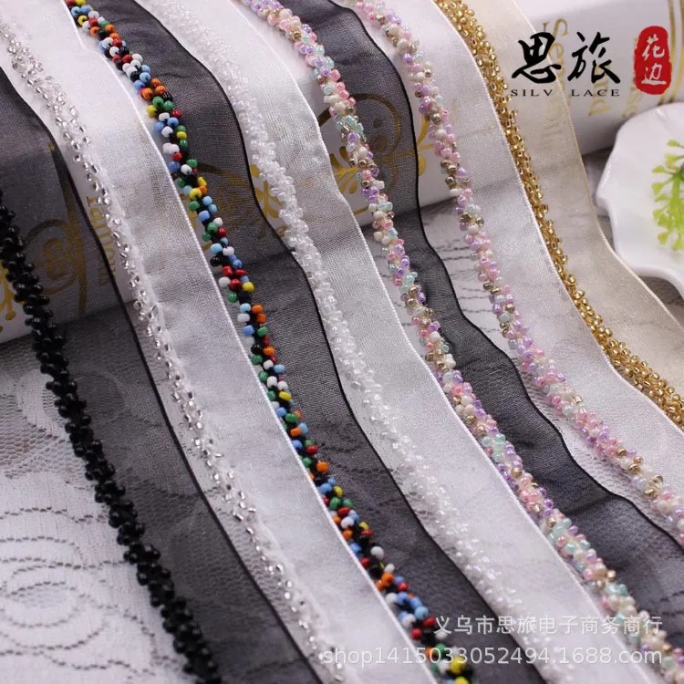 1 ярд красная синяя сетка марлевые бусины кружевная ткань отделка Лента Сделай