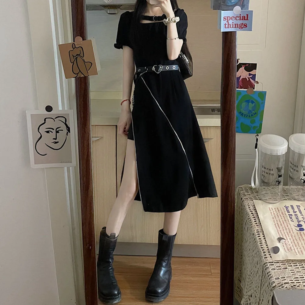 

2021 New Dress Solid Color High Street Fashion Zipper Split Fork Square Collar Short Sleeve Irregular High Waist Hipster Women's
