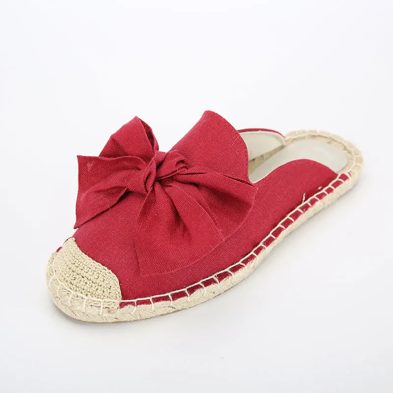 

Shoes Woman's Slippers Butterfly-Knot Cover Toe Beige Heeled Sandals Loafers 2021 Flat Black Soft Fabric PU Spring Casual Rubber