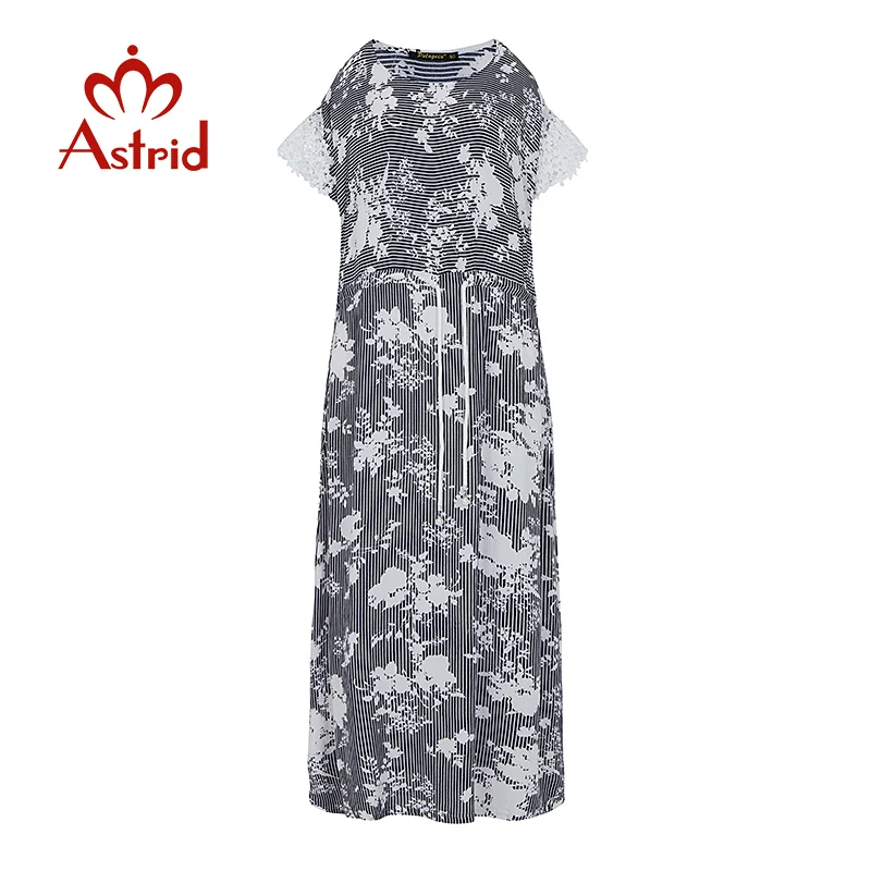 Женское Хлопковое платье в полоску с цветочным принтом и круглым вырезом|Женские