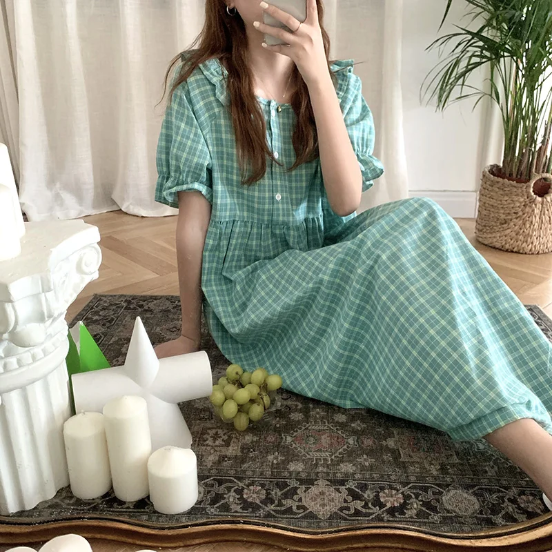 

Женская Длинная Ночная рубашка в клетку, с круглым вырезом и оборками