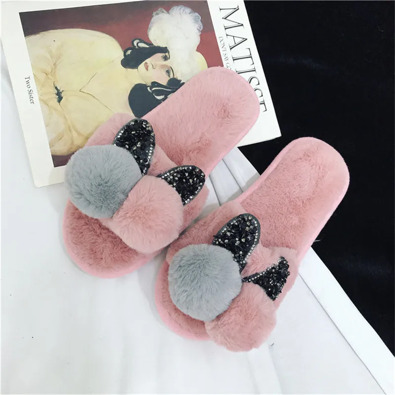Женские меховые тапочки Rimocy теплые домашние на Плоском Каблуке с кроличьими