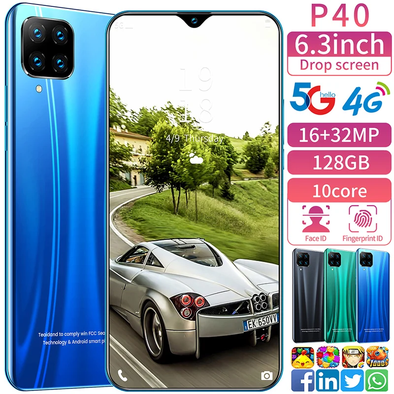 

P40 6.3 inch Full Screen 8GB RAM 128/256GB ROM Smart Phone 10 Core 4 Camera Snapdragon 855 4800mAh Mobile Phone Andriod 10