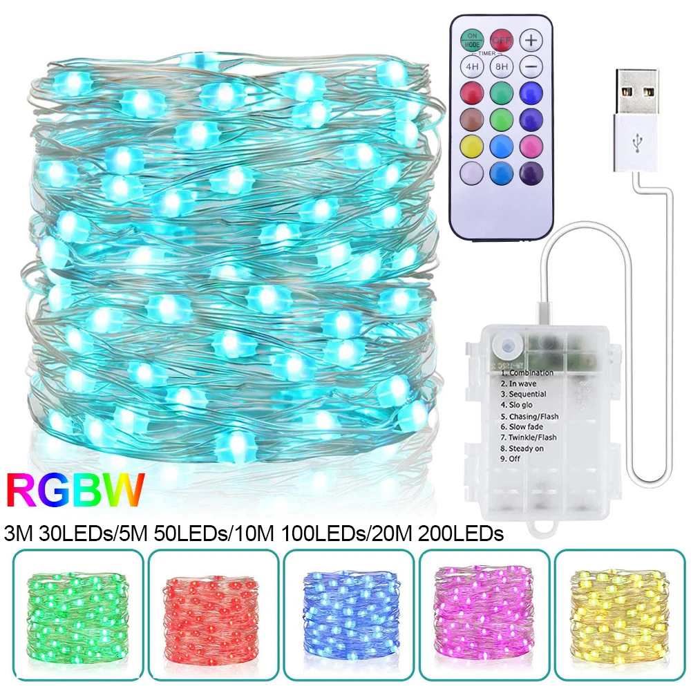 

3-20M 30-200LEDs Smart RGBW Colorful Christmas Fairy String Light12 Lighting Modes USB Remote Control LED Copper Wire Lights