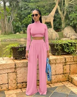 trendy womens urban fashion high collar pure color casual wide leg pants long sleeve pure color suit