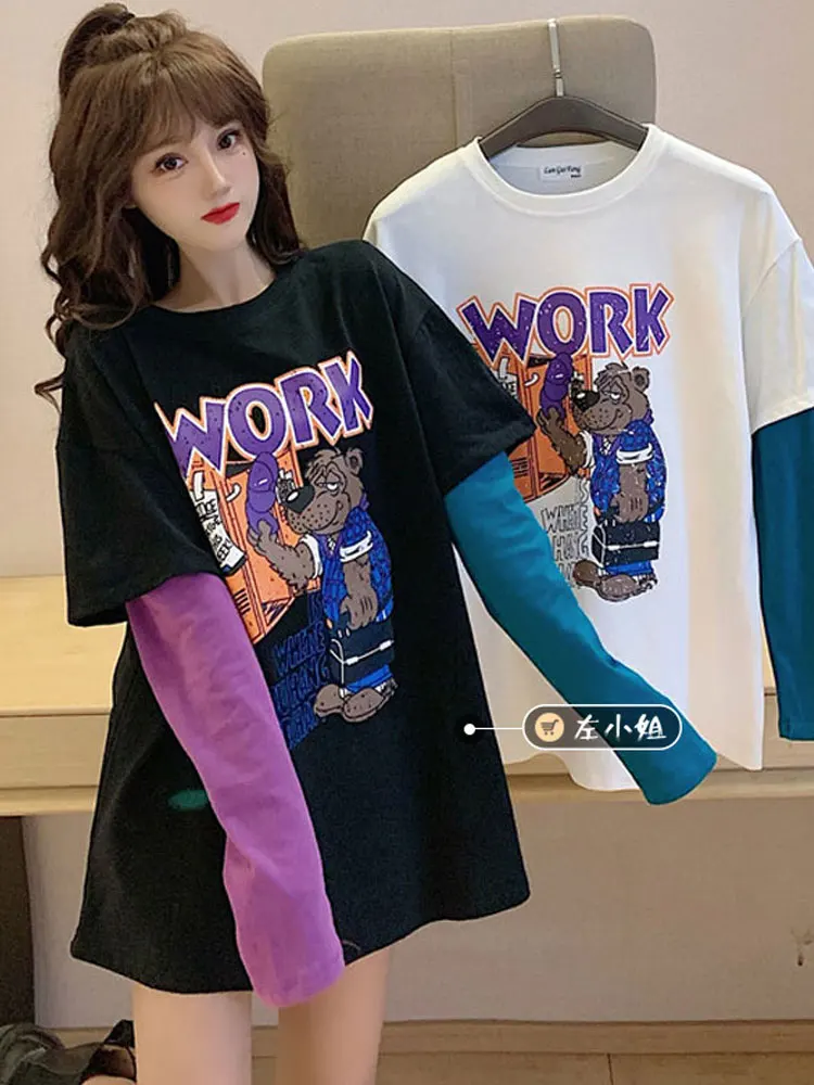 

T Shirt Women 2021 Spring Korean Clothes False Two Long Sleeve Graphic Tee Casual Cotton Cartoon Print Oversized T - Shirt Femme