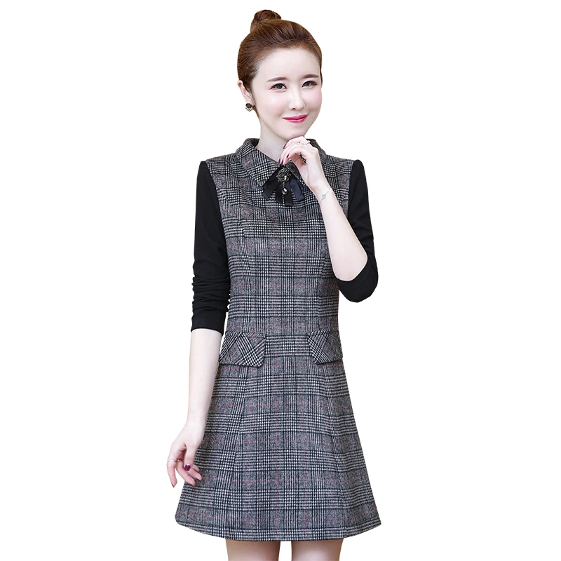 

Spring Autumn Woolen Dress Women Plus size Splice Long sleeve Office Dress Slim Wild Korean Women's Bow Lattice Party Dress Y237