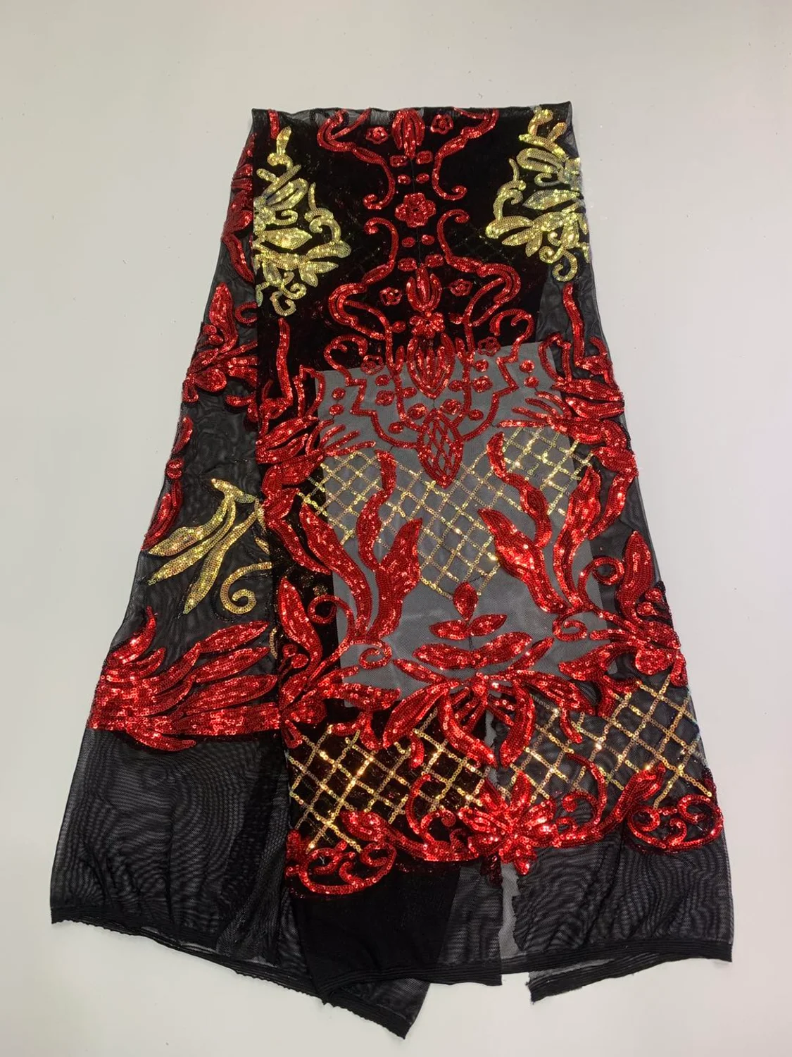 

Red and Gold African Sequins Lace Fabric French Embroidery Sequin Tulle Lace Fabric Nigeria Lace Fabric For Woman Dinner Party