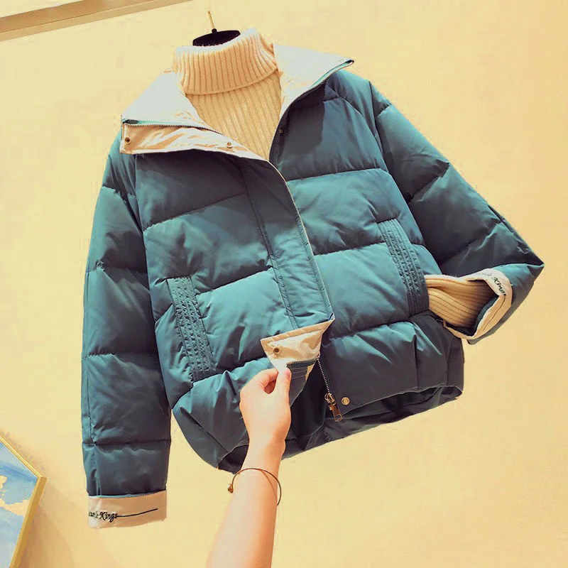 Women's Short Padded Jacket 2021 New Korean Version Loose Stand Collar Cotton-Padded Jacket Suit Hit Color Cotton-Padded Jacket