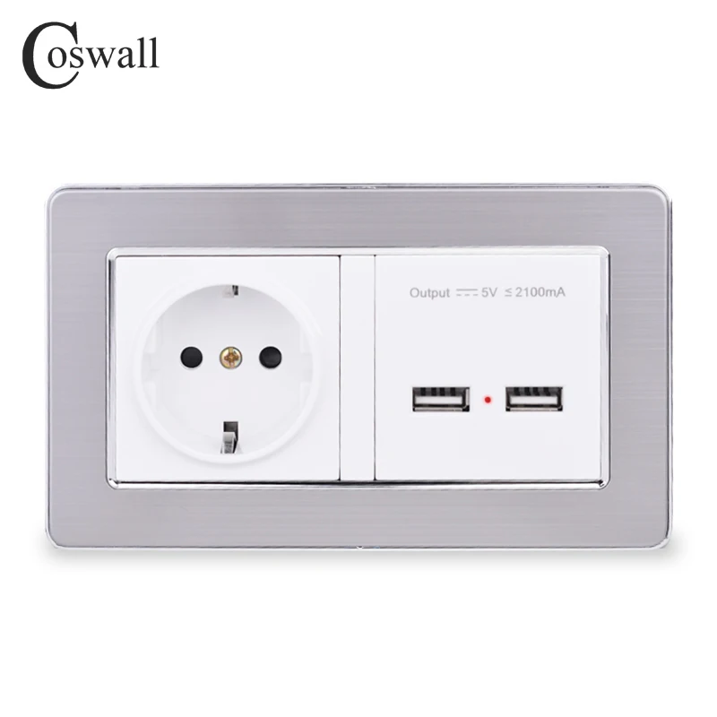 COSWALL настенная розетка, стандарт ЕС, розетка с двумя USB, умный индукционный порт зарядки для мобильных 5 в 2,1 А, панель из нержавеющей стали