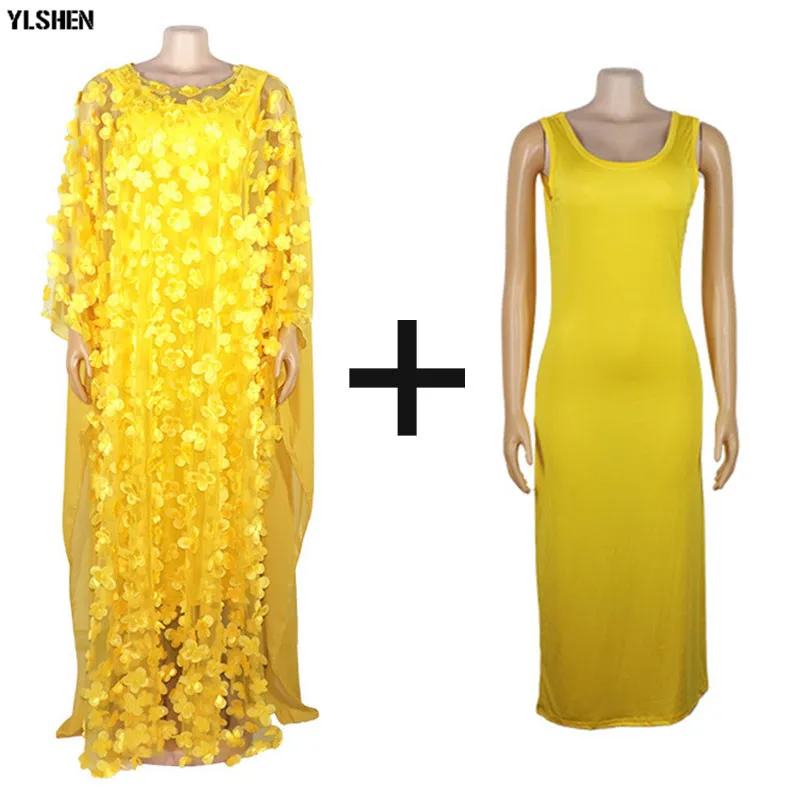Style2Yellow2pcs set Африканские платья для женщин Дашики кружевная африканская одежда Bazin Broder Riche вышивка блестками Robe Boubou Africain платье платья - Цвет: Style2Yellow2pcs set