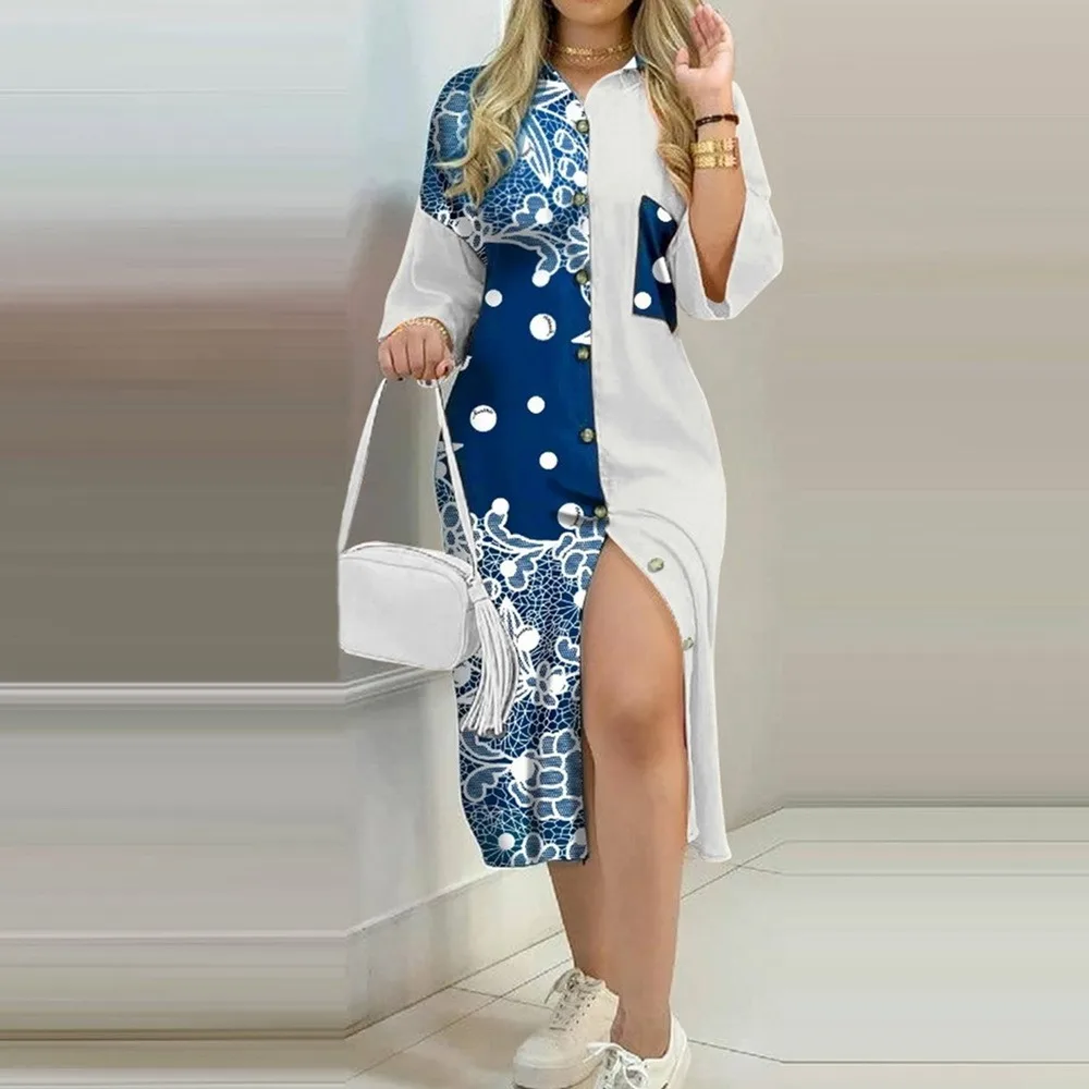 

Ladies Dress Fashion Color Matching Slim Short-Sleeved Shirt Dress Casual Home Street Commuter Plus Size Dress Women