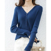 2021 autumn and winter new cotton long sleeved sweater womens v neck sweater pullover short top low neck bottoming shirt